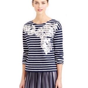 J. Crew 100% Cotton Navy White Stripe Silver Floral Round Neck Long Slee…